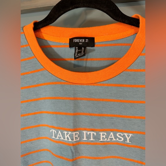 Forever 21 Men Take It Easy Embroidered Graphic Striped Crewneck Tee Orange/Blue - Picture 8 of 9